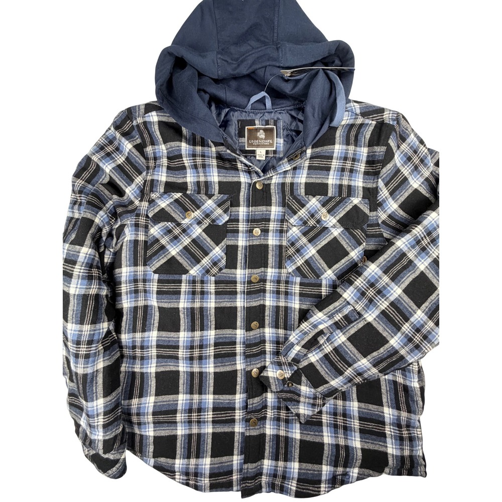 Legendary Outfitters Mens Blue Plaid Quilted Lined Hooded Flannel Shacket L NWT
